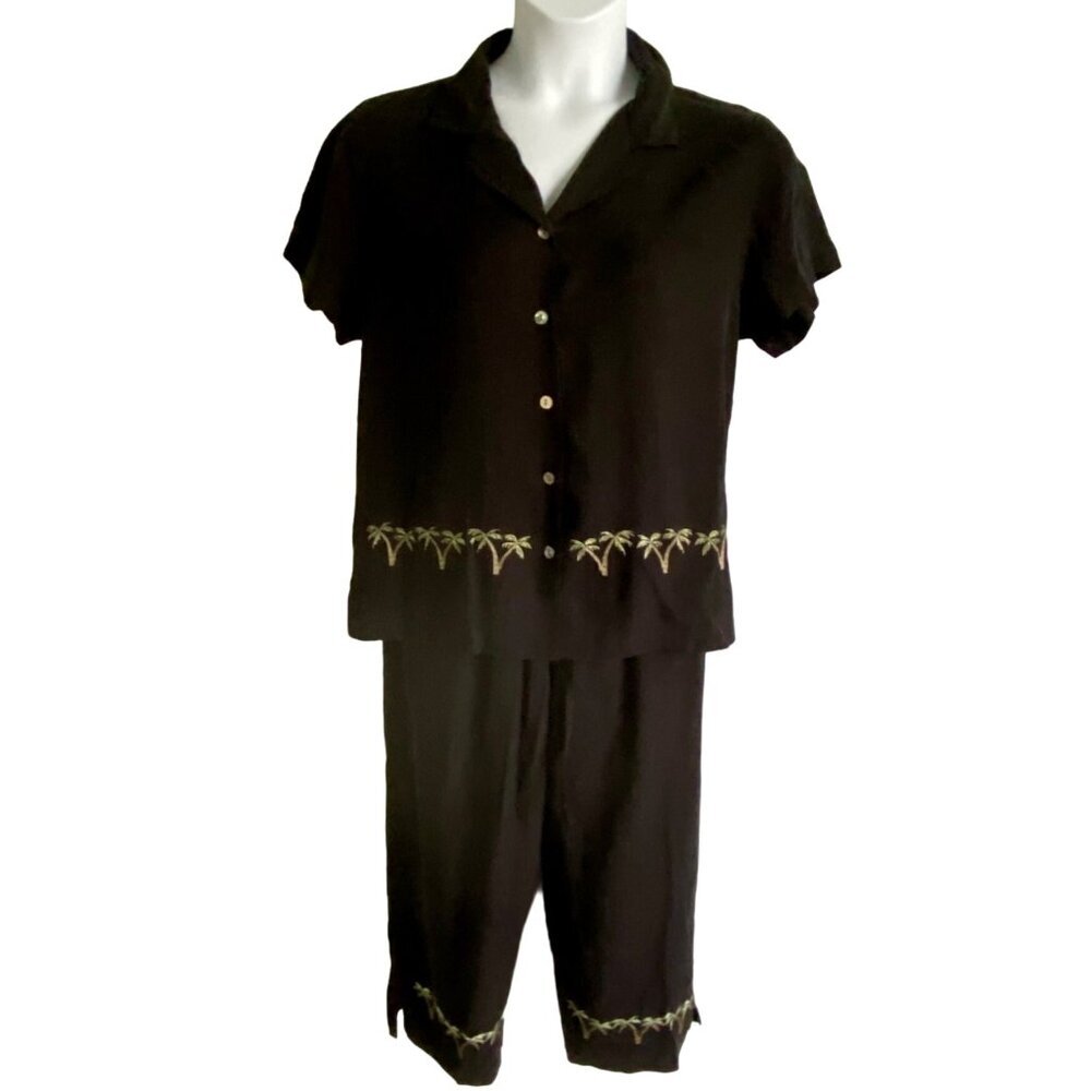 Tiki Classics Women's Embroidered Palm Tree 2 Piece Silk Set Size 12